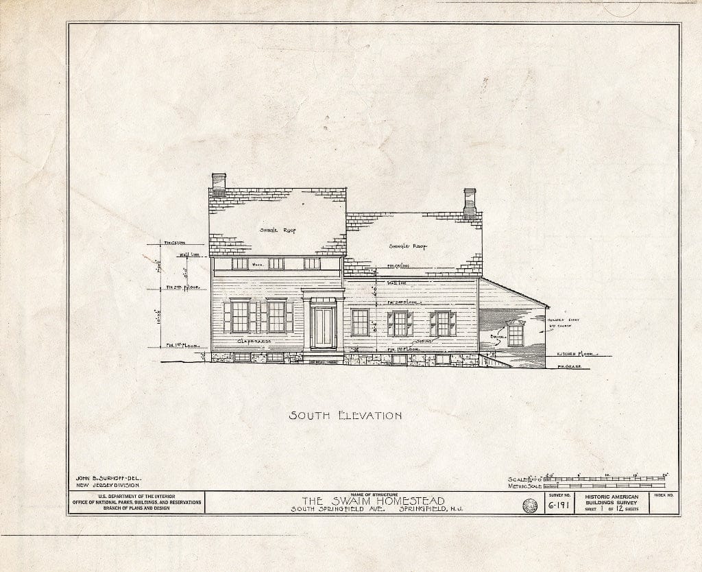 Blueprint HABS NJ,20-SPRIF,4- (Sheet 1 of 12) - Swaim Homestead, South Springfield Avenue, Springfield, Union County, NJ