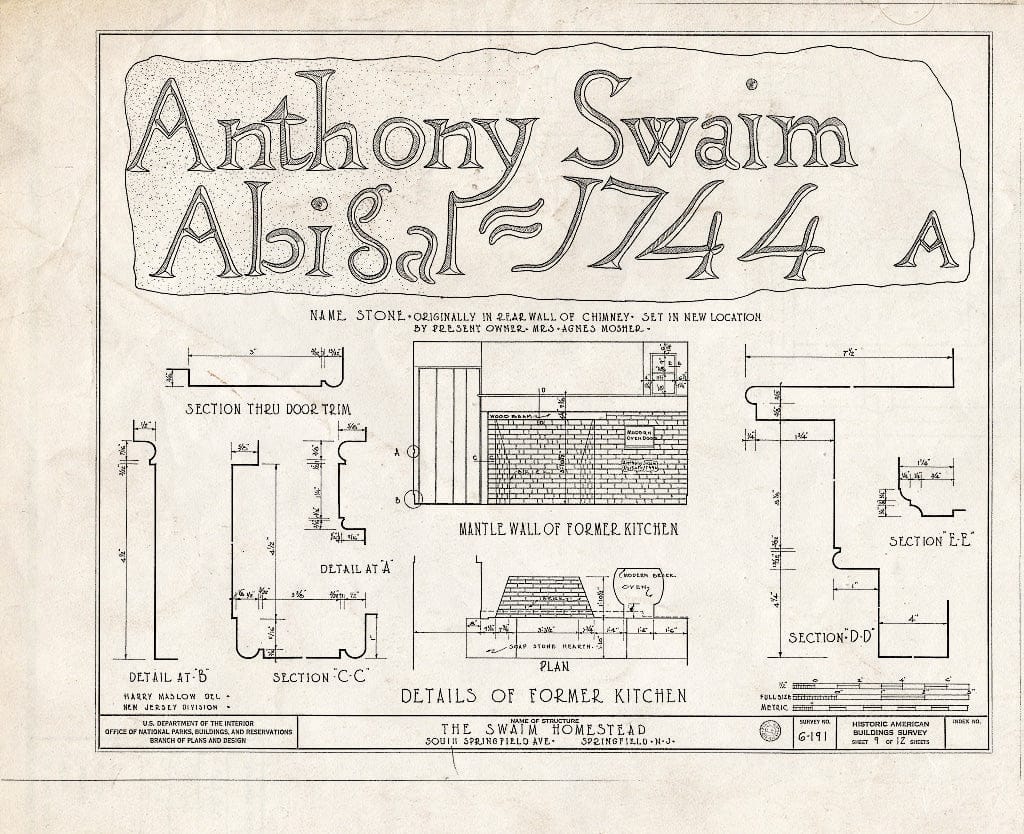 Blueprint HABS NJ,20-SPRIF,4- (Sheet 9 of 12) - Swaim Homestead, South Springfield Avenue, Springfield, Union County, NJ