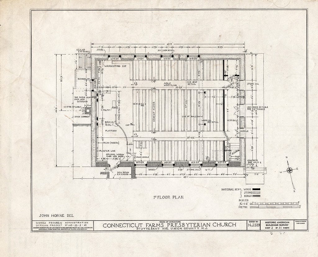 Blueprint 2. First Floor Plan - Connecticut Farms Presbyterian Church, Stuyvesant Avenue, Union, Union County, NJ
