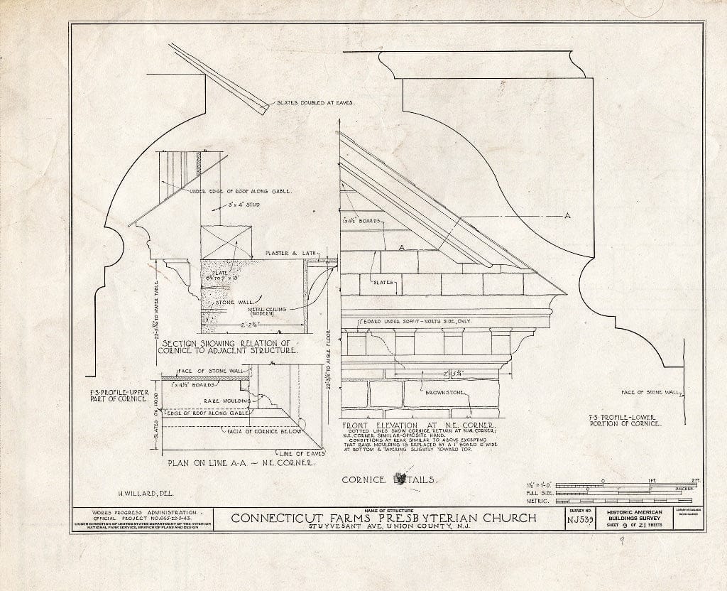 Blueprint 9. Cornice Details - Connecticut Farms Presbyterian Church, Stuyvesant Avenue, Union, Union County, NJ