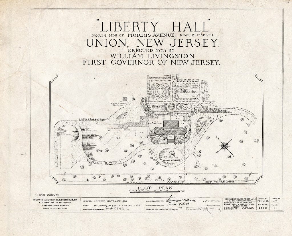 Blueprint HABS NJ,20-UNI,3- (Sheet 0 of 13) - Liberty Hall, Morris Avenue, Union, Union County, NJ