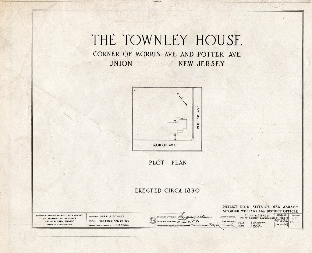Blueprint HABS NJ,20-UNI,1- (Sheet 0 of 14) - Townley House, Morris & Potter Avenues, Union, Union County, NJ