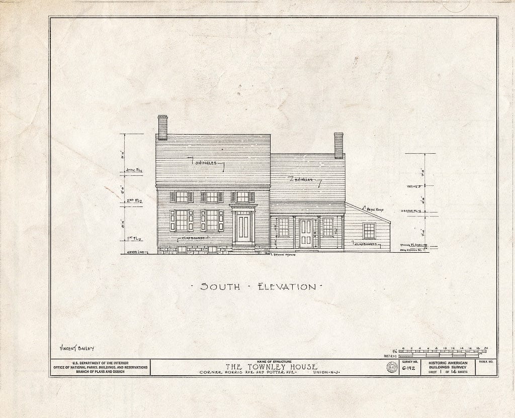 Blueprint HABS NJ,20-UNI,1- (Sheet 1 of 14) - Townley House, Morris & Potter Avenues, Union, Union County, NJ
