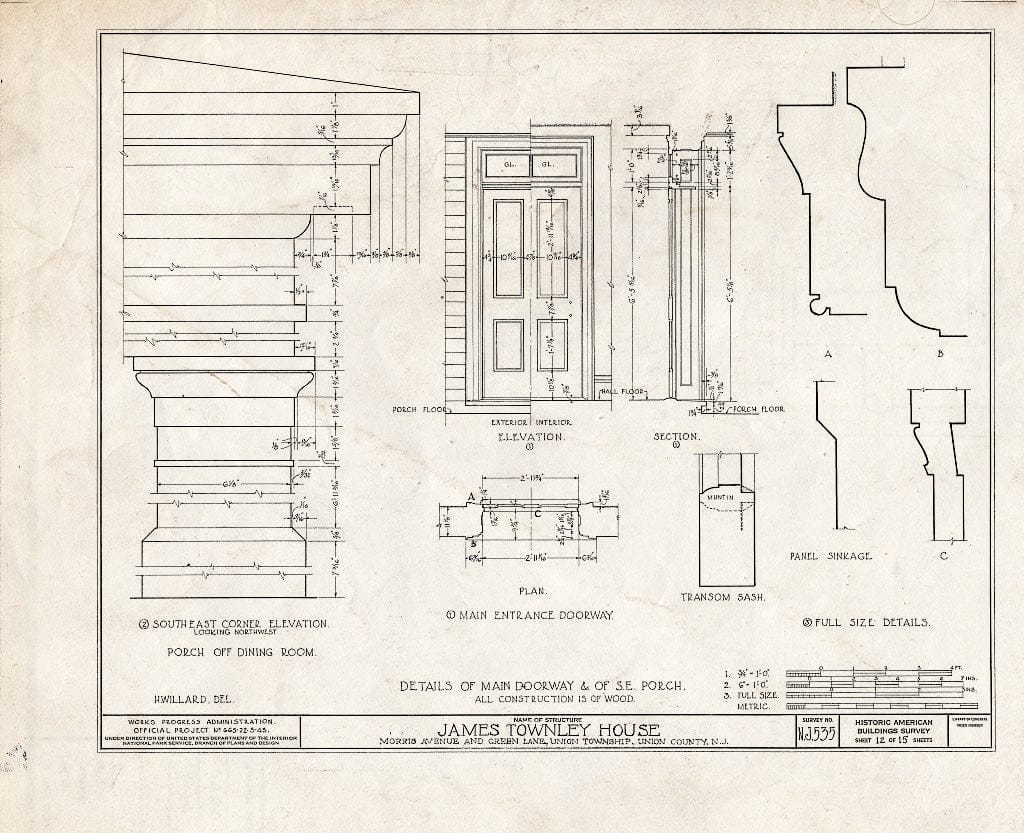 Blueprint HABS NJ,20-UNI,4- (Sheet 12 of 15) - James Townley House, Morris Avenue & Green Lane, Union, Union County, NJ