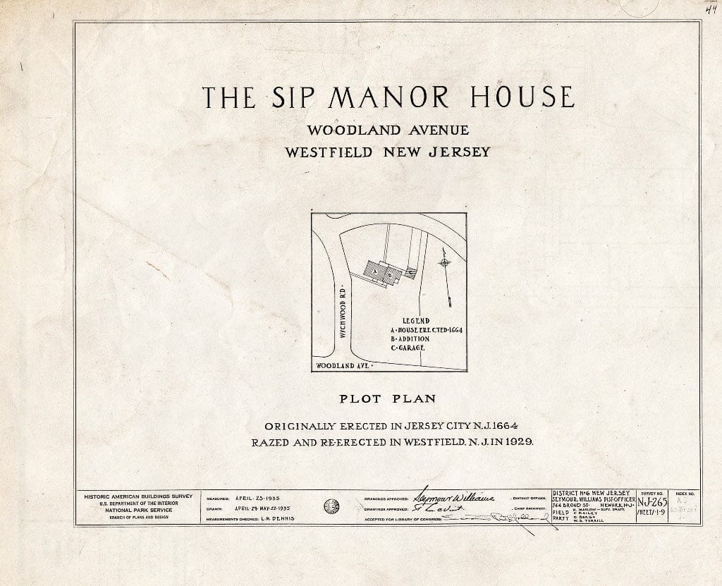 Blueprint HABS NJ,20-WESF,1- (Sheet 0 of 9) - Varleth-Sip Manor, 5 Cherry Lane, Westfield, Union County, NJ