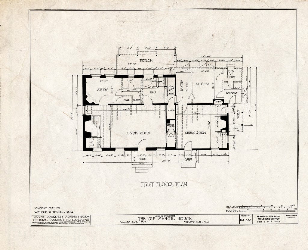 Blueprint HABS NJ,20-WESF,1- (Sheet 1 of 9) - Varleth-Sip Manor, 5 Cherry Lane, Westfield, Union County, NJ
