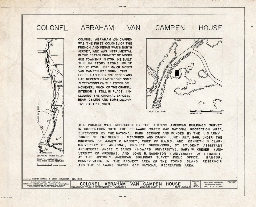Blueprint HABS NJ,21-Cal,1- (Sheet 1 of 10) - Colonel Abraham Van Campen House, Old Mine Road, Millbrook, Warren County, NJ