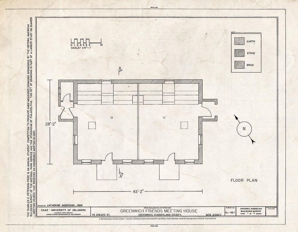 Blueprint HABS NJ,6-GREWI,10- (Sheet 1 of 4) - Greenwich Friends Meeting House, Ye Greate Street, Greenwich, Cumberland County, NJ