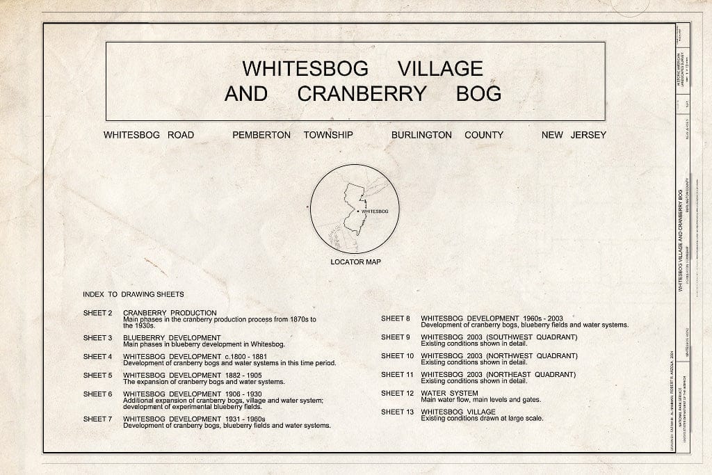 Blueprint HALS NJ-1 (Sheet 1 of 13) - Whitesbog Village & Cranberry Bog, Whitesbog Road, Pemberton, Burlington County, NJ