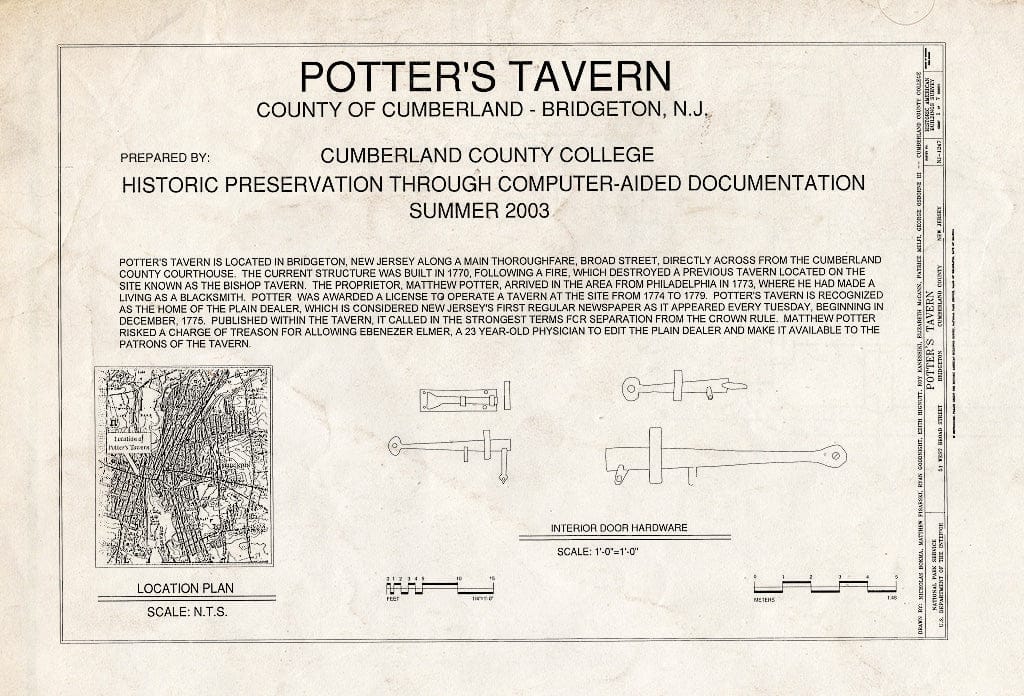 Blueprint HABS NJ-1247 (Sheet 1 of 7) - Potter's Tavern, 51 West Broad Street, Bridgeton, Cumberland County, NJ