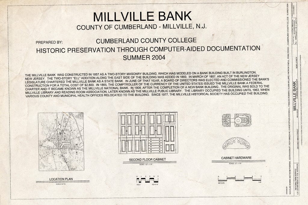 Blueprint HABS NJ-1250 (Sheet 1 of 7) - Millville Bank, 200 East Main Street, Millville, Cumberland County, NJ