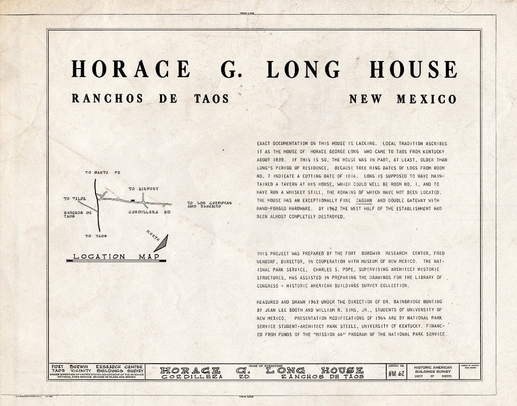 Blueprint HABS NM,28-RANTA,6- (Sheet 0 of 9) - Horace G. Long House, Ranchos de Taos, Taos County, NM