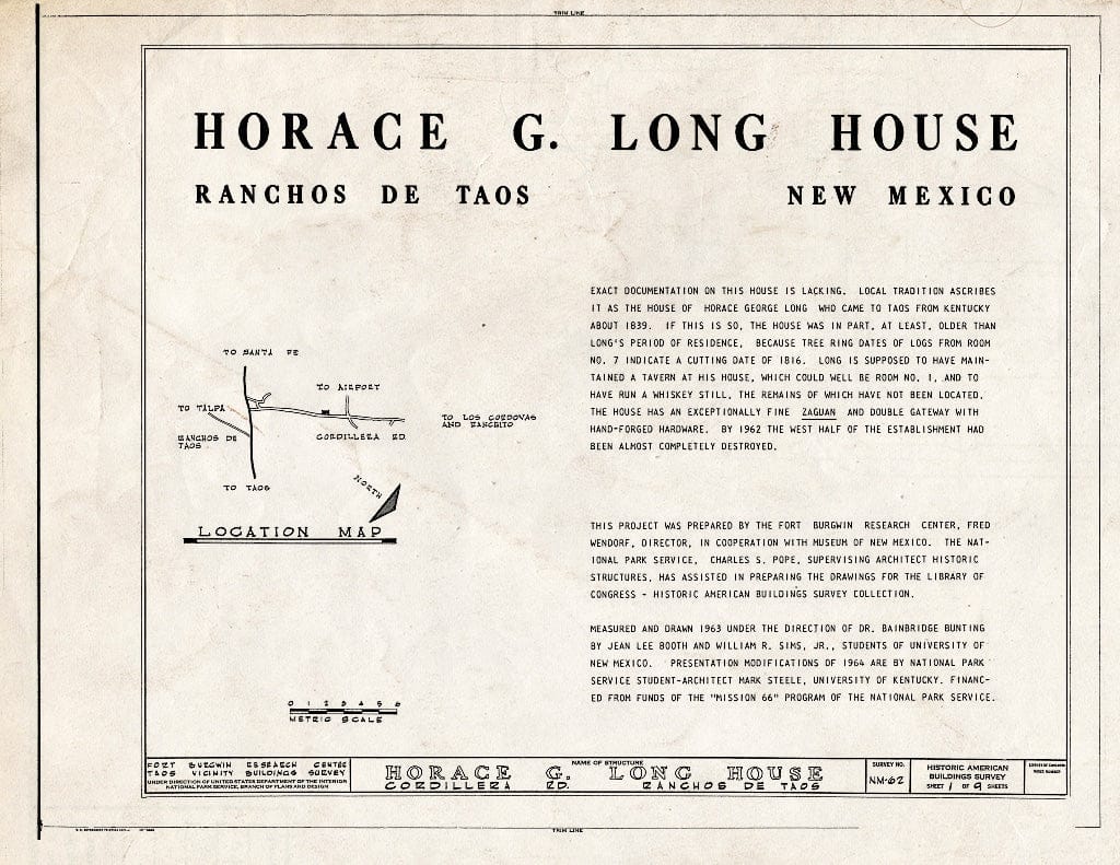 Blueprint HABS NM,28-RANTA,6- (Sheet 1 of 9) - Horace G. Long House, Ranchos de Taos, Taos County, NM