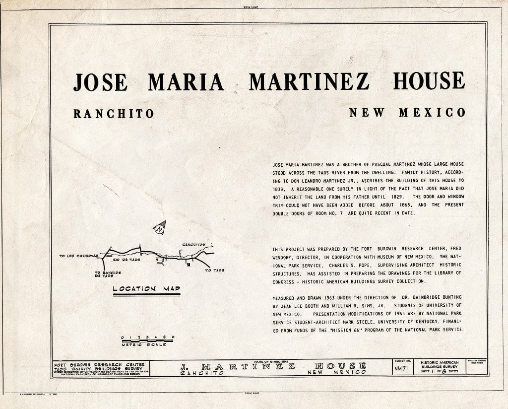 Blueprint HABS NM,28-RANCHI,3- (Sheet 1 of 8) - Jose Maria Martinez House, Ranchito, Taos County, NM