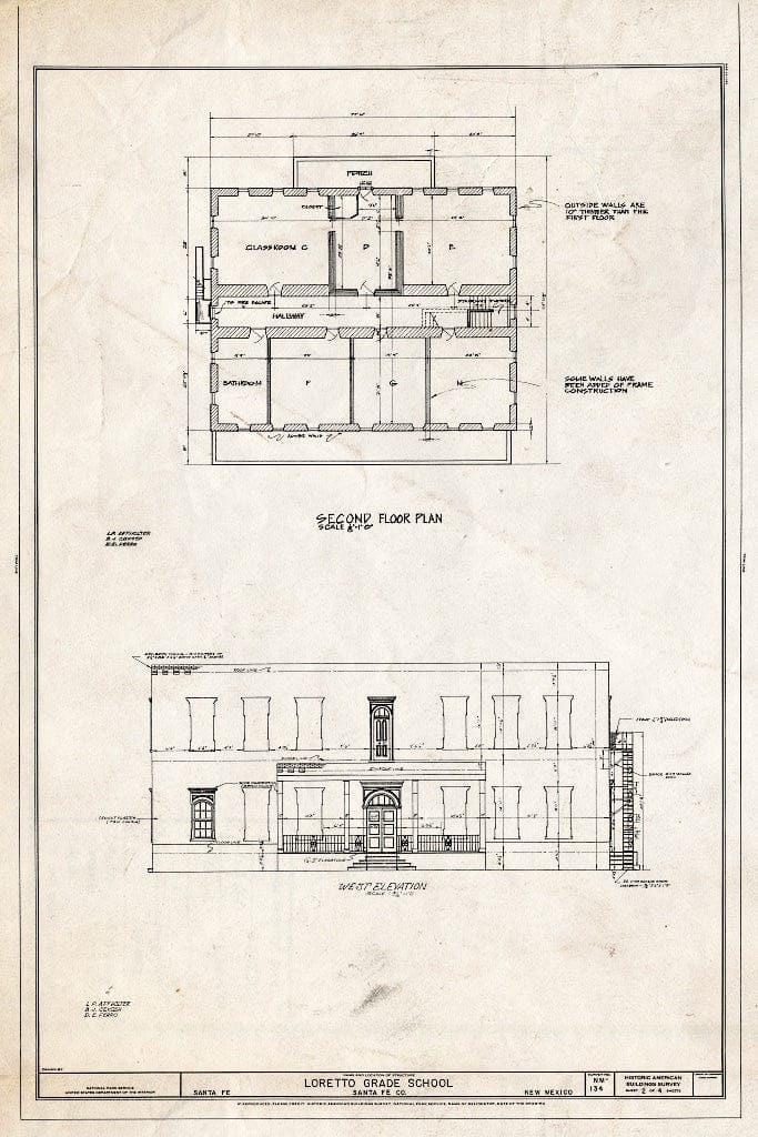Blueprint Second Floor Plan and West Elevation - Grade School at Loretto Academy, Don Gaspar Avenue & East Water Street, Santa Fe, Santa Fe County, NM