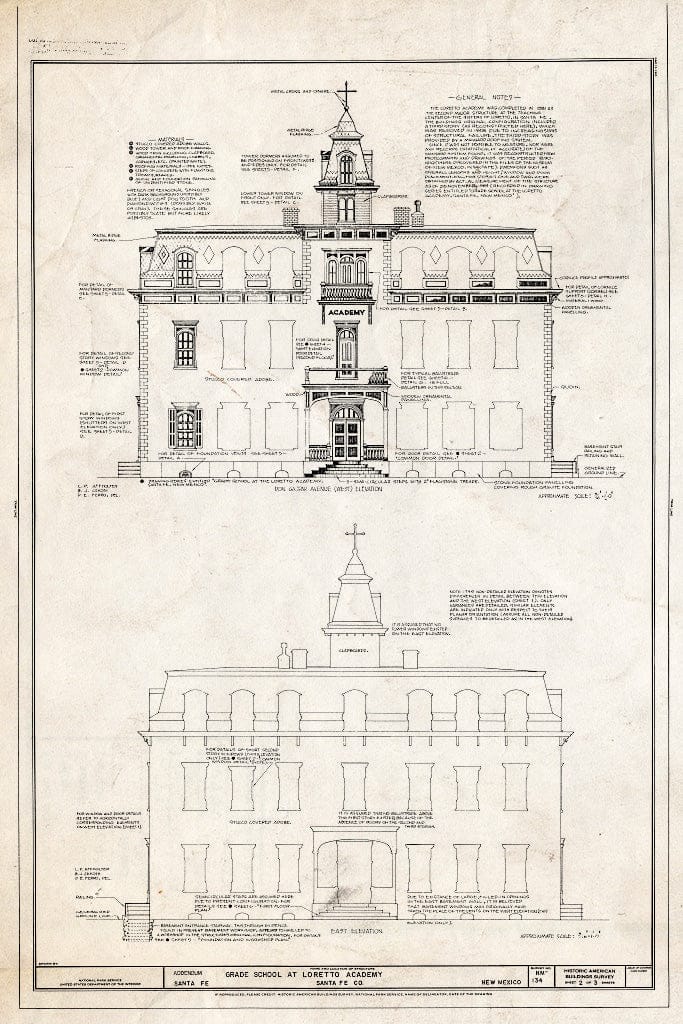 Blueprint West and East Elevations - Grade School at Loretto Academy, Don Gaspar Avenue & East Water Street, Santa Fe, Santa Fe County, NM