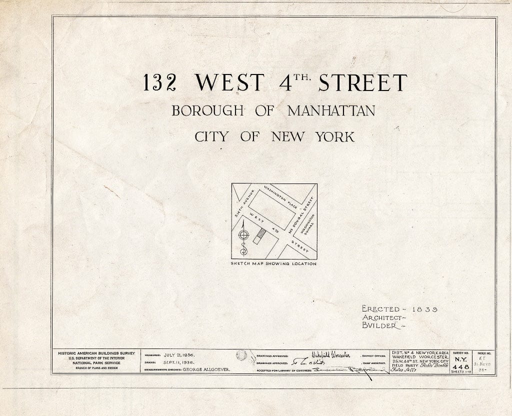 Blueprint HABS NY,31-NEYO,38- (Sheet 0 of 10) - 132 West Fourth Street (Building), New York County, NY
