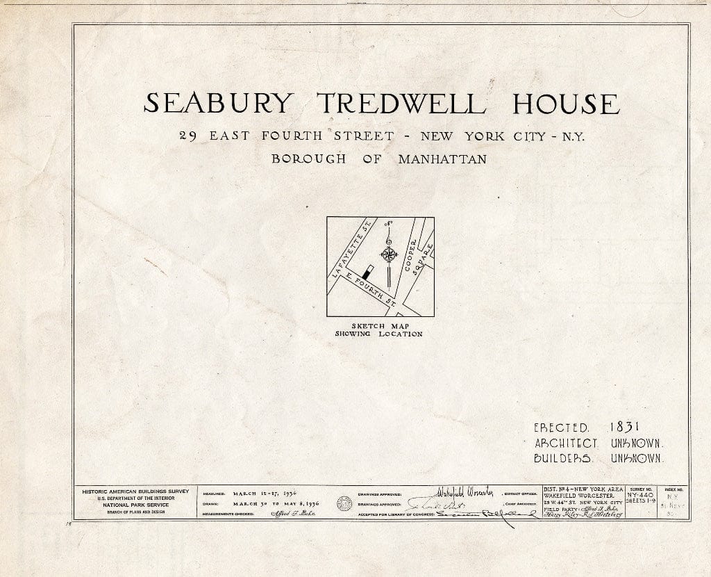 Blueprint HABS NY,31-NEYO,30- (Sheet 0 of 9) - Seabury Tredwell House, 29 East Fourth Street, New York County, NY