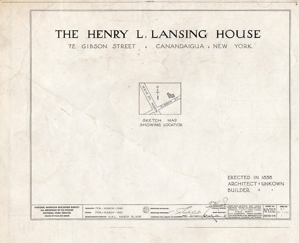 Blueprint HABS NY,35-Canda,6- (Sheet 0 of 8) - Henry Lansing House, 72 East Gibson Street, Canandaigua, Ontario County, NY