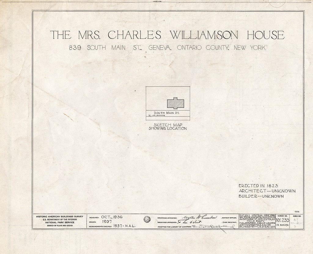 Blueprint HABS NY,35-GEN,2- (Sheet 0 of 13) - Colonel Charles Williamson House, 839 South Main Street, Geneva, Ontario County, NY