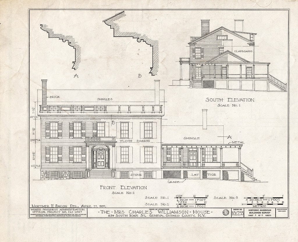 Blueprint HABS NY,35-GEN,2- (Sheet 3 of 13) - Colonel Charles Williamson House, 839 South Main Street, Geneva, Ontario County, NY