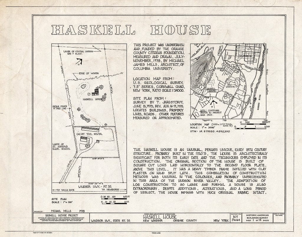 Blueprint HABS NY,36-NEWI,1- (Sheet 1 of 15) - John Haskell House, Windsor Highway (Route 32), New Windsor, Orange County, NY