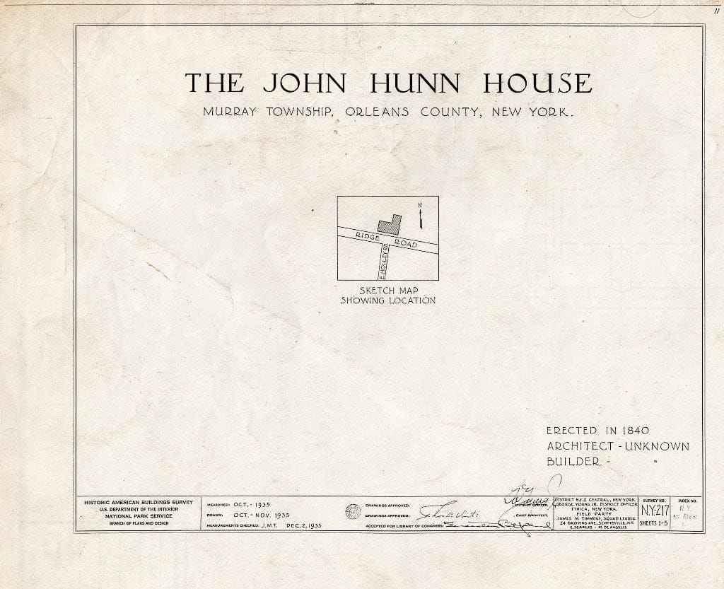 Blueprint 0. Cover Sheet - John Hunn House, Ridge & East Holley Roads, Murray, Orleans County, NY