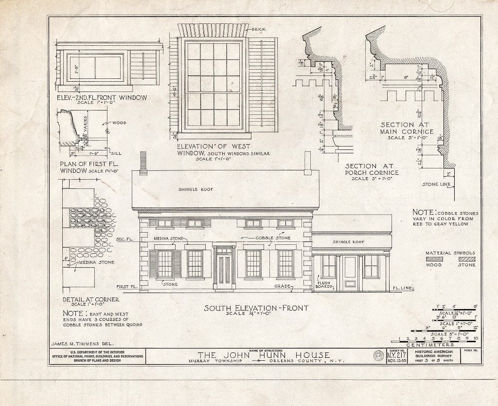 Blueprint 3. South (Front Elevation); Window, Cornice, and Corner (Cobblestone and Quoin) Details - John Hunn House, Ridge & East Holley Roads, Murray, Orleans County, NY