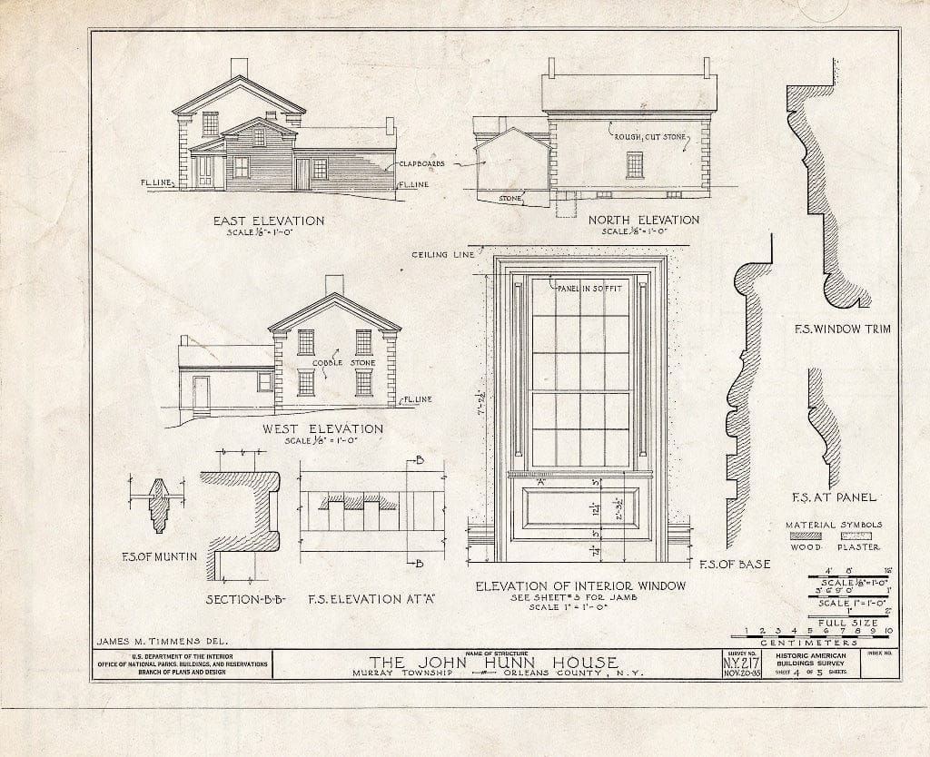 Blueprint 4. East, west, and North elevations; Window Details - John Hunn House, Ridge & East Holley Roads, Murray, Orleans County, NY