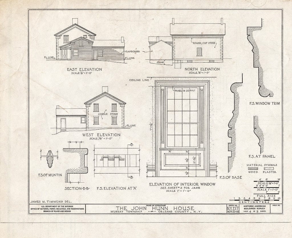 Blueprint 4. East, west, and North elevations; Window Details - John Hunn House, Ridge & East Holley Roads, Murray, Orleans County, NY