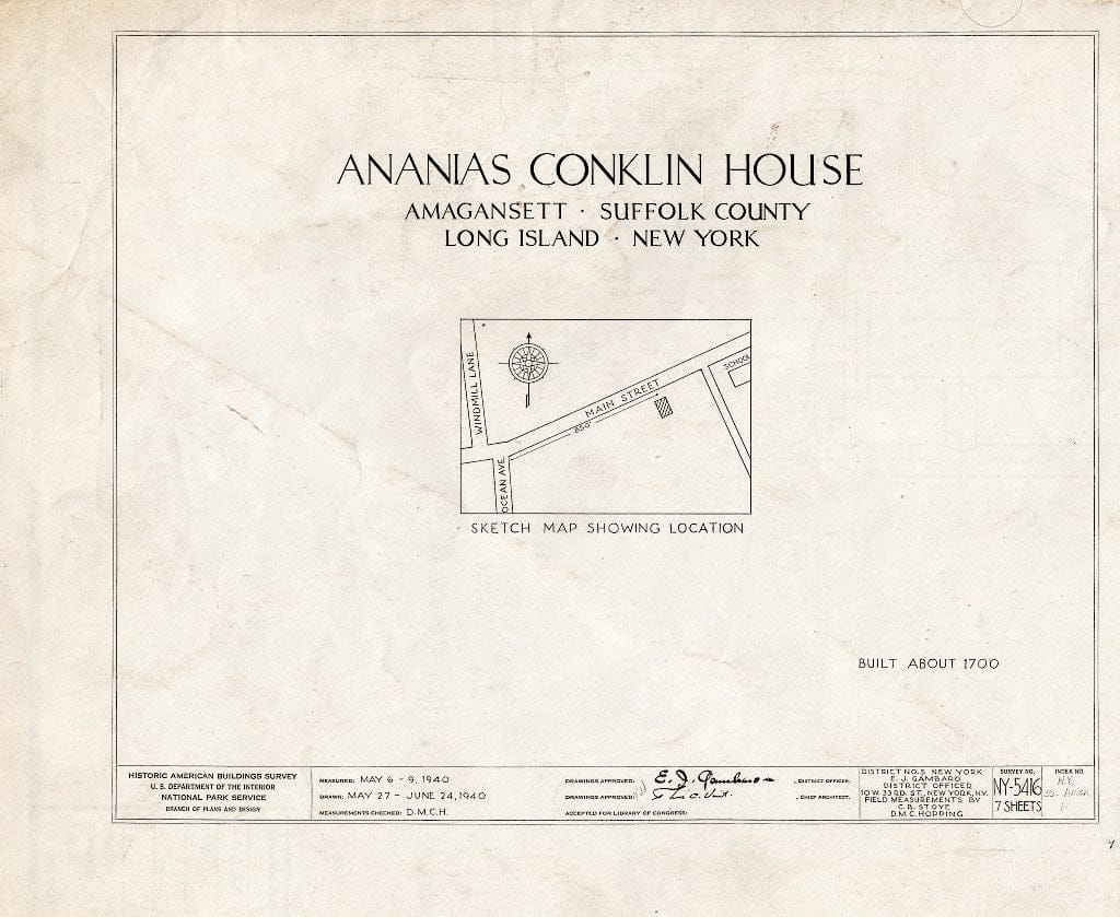 Blueprint HABS NY,52-AMGA,1- (Sheet 0 of 7) - Ananias Conklin House, Main Street, Amagansett, Suffolk County, NY